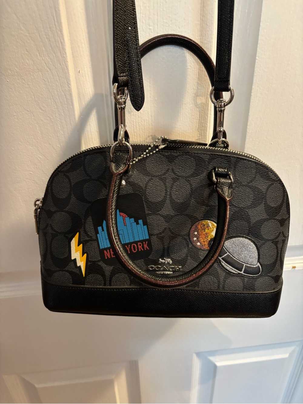 Coach Black Signature Dome Satchel with Colorful Patches Excellent